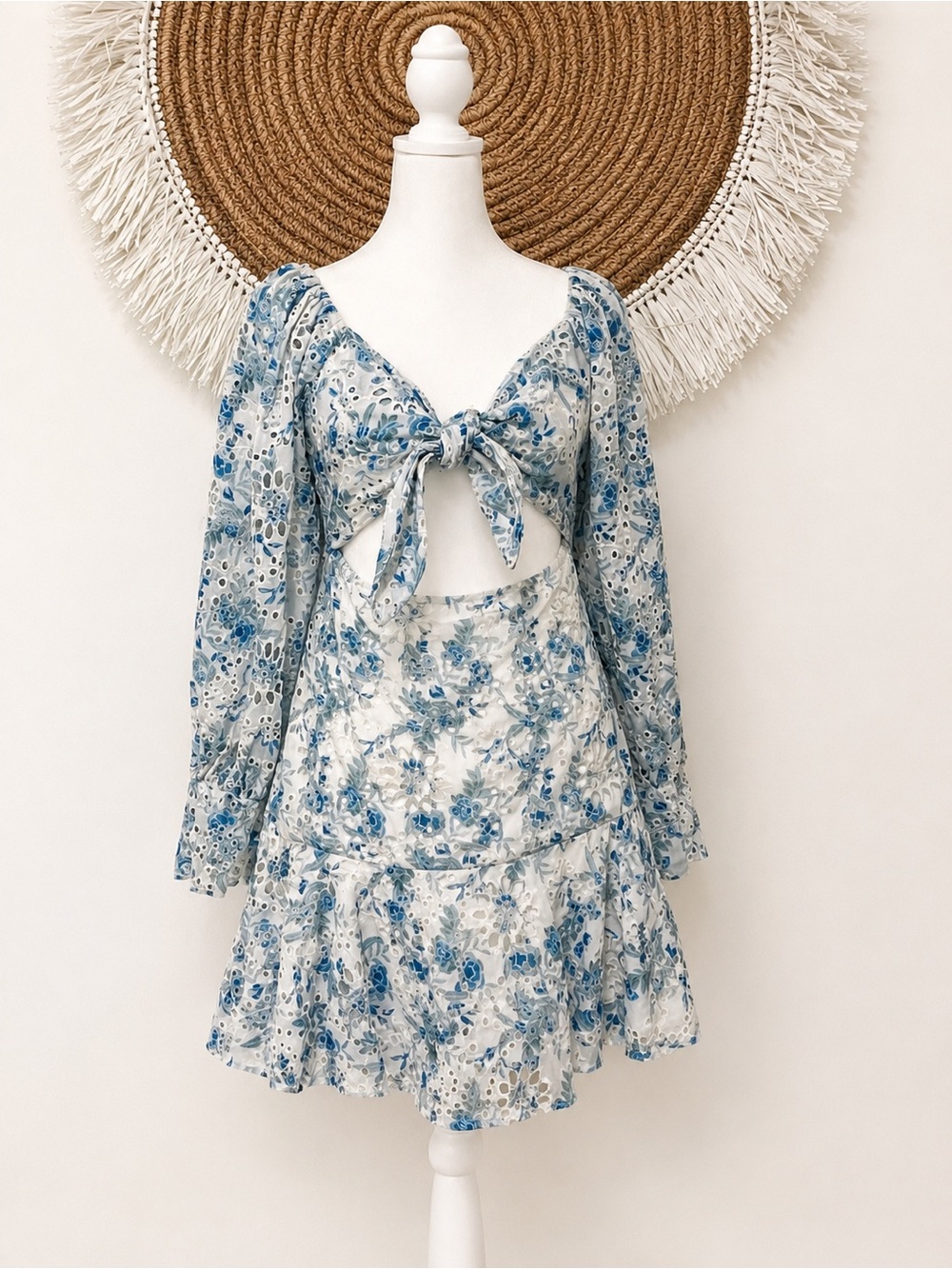 En Saison Claire Eyelet Mini Dress Puff Sleeve Blue White S - Picture 1 of 10